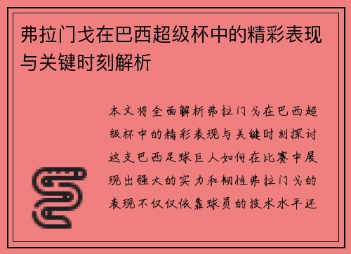 弗拉门戈在巴西超级杯中的精彩表现与关键时刻解析 弗拉门戈在巴西超级杯中的精彩表现与关键时刻解析