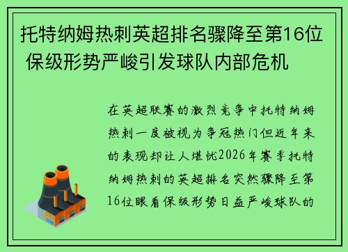 托特纳姆热刺英超排名骤降至第16位 保级形势严峻引发球队内部危机